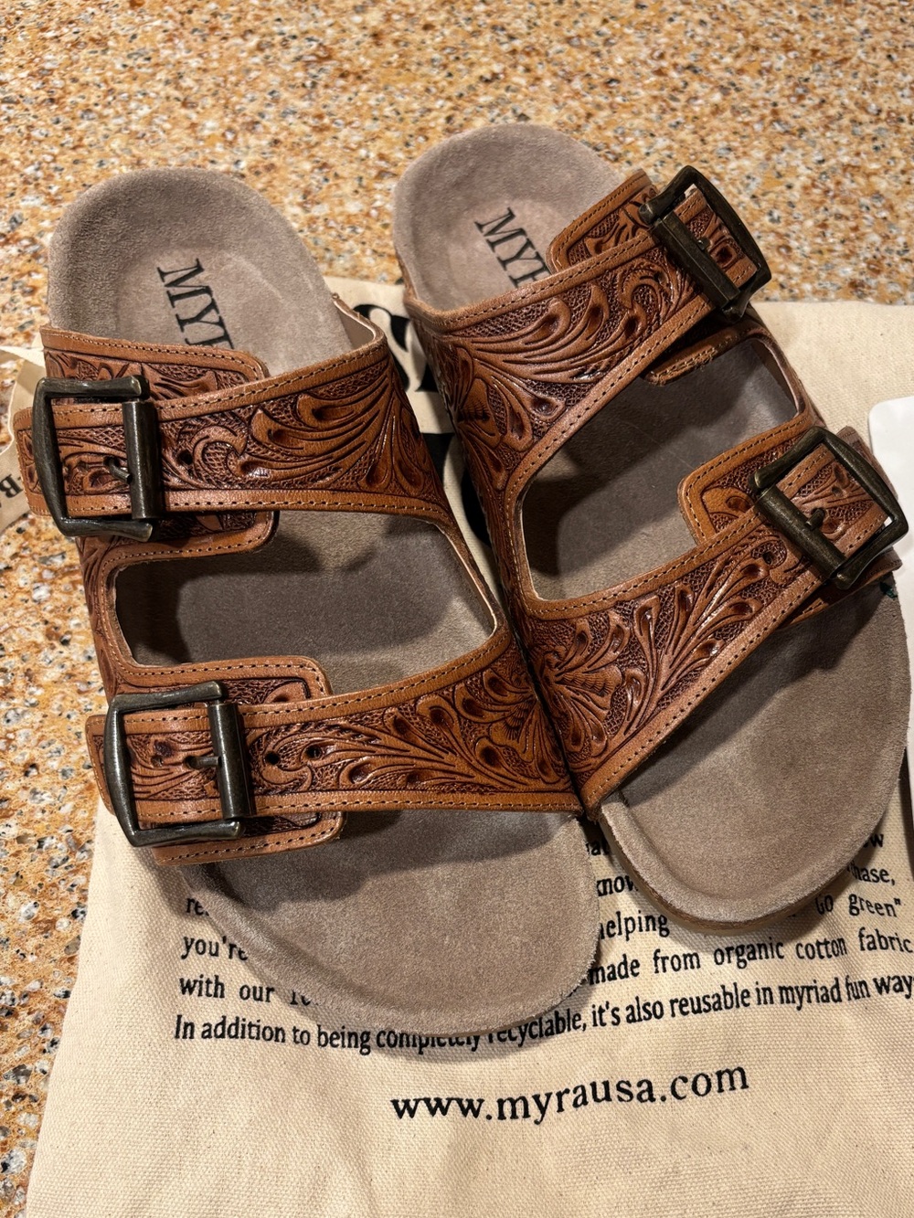 Myra Brown Hand Tooled Leather Slide Sandals for Women